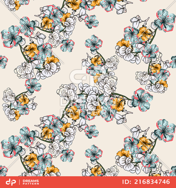 Seamless Hand Drawn Flowers Pattern, Repeated Illustration Ready for Textile Prints.