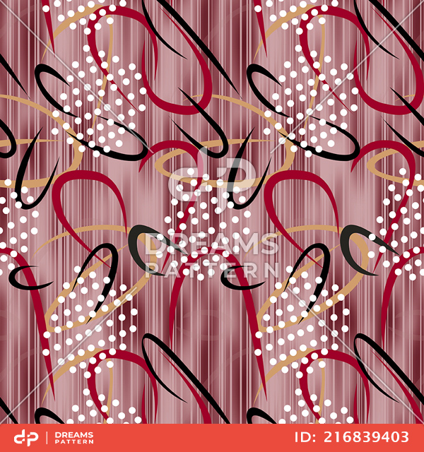 Seamless Modern Abstract Pattern, Colored Curves with Dots on Lined Background.