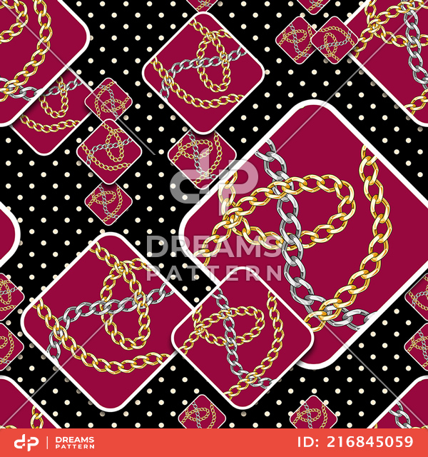 Seamless Patchwork Pattern, Squares with Golden Chains and Small Dots.