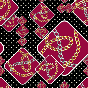 Seamless Patchwork Pattern, Squares with Golden Chains and Small Dots.