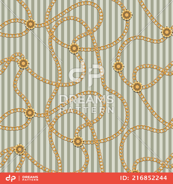 Seamless Pattern with Golden Chains on Light Lined Background.