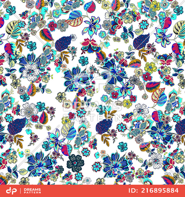 Seamless Colored Floral Pattern with Leaves. Small Flowers Design Ready for Textile Prints.