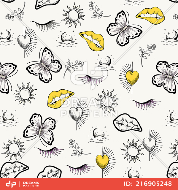 Seamless Hand Drawn Sketch, Doodle Style, Elements Pattern Ready for Textile Prints.