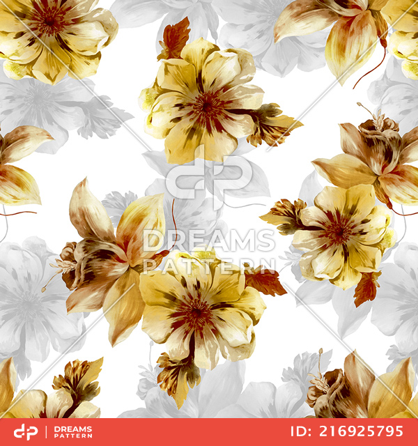 Beautiful Hand Drown Big Flowers with Leaves on White Background.