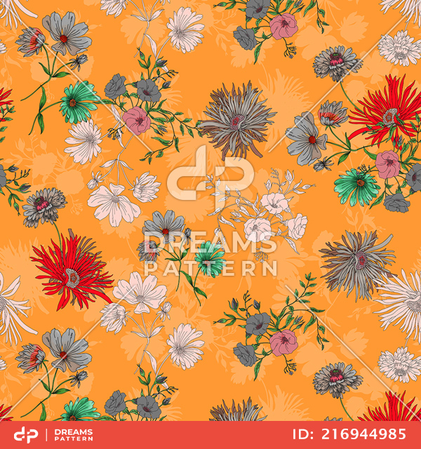 Seamless Hand Drawn Illustration Pattern, Colorful Big Flowers on Orange Background.