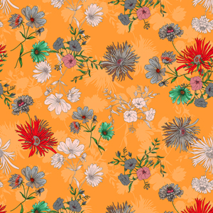 Seamless Hand Drawn Illustration Pattern, Colorful Big Flowers on Orange Background.