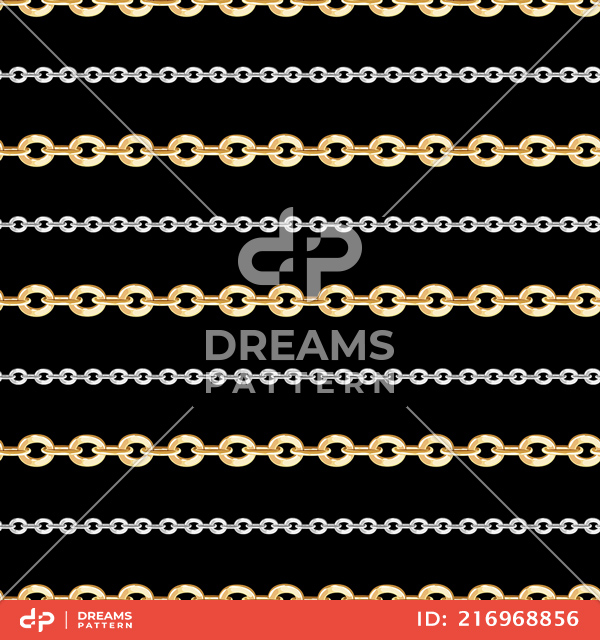 Seamless Golden and Silver Chains on Black. Repeat Design Ready for Textile Prints.