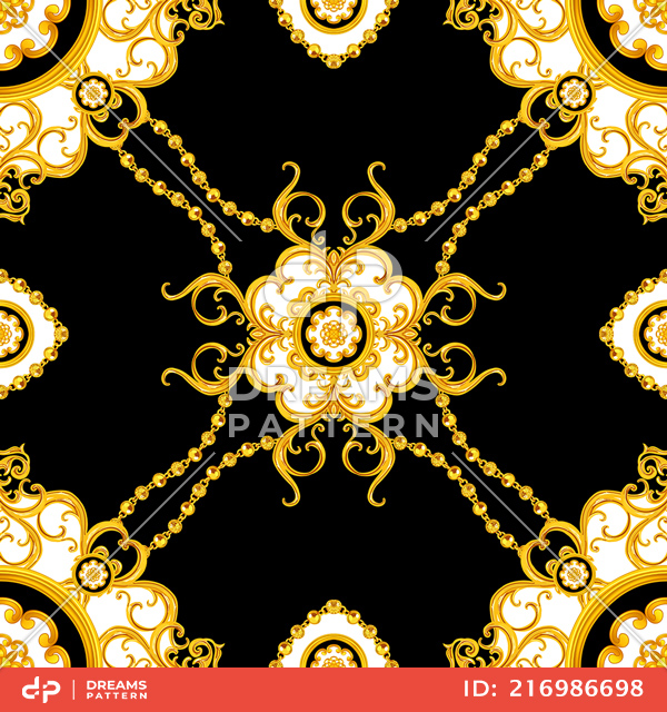 Seamless Luxury Golden Chains with Baroque Pattern. Silk Scarf Jewelry Shawl Design.
