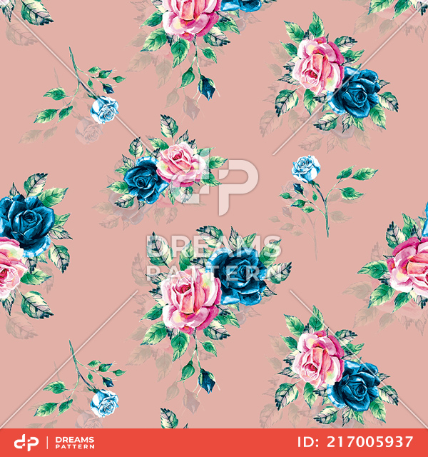 Beautiful Seamless Design of Big Watercolor Roses on Coral Background.