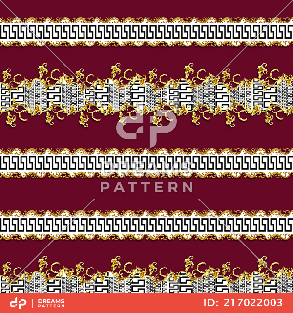 Seamless Pattern of Golden Baroque with Versace on Dark Red Background.