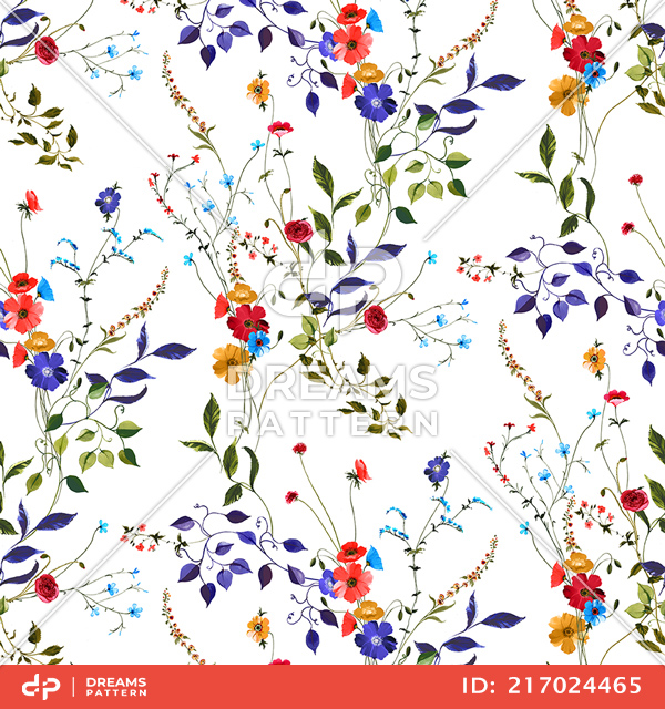 Seamless Watercolor Flowers with Leaves, Spring Pattern on White Background.