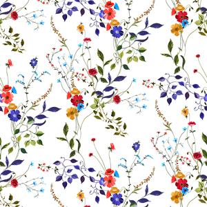 Seamless Watercolor Flowers with Leaves, Spring Pattern on White Background.
