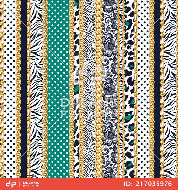 Seamless Mix Pattern of Vertical Golden Chains, Leopard, Zebra, Lace and Dots.