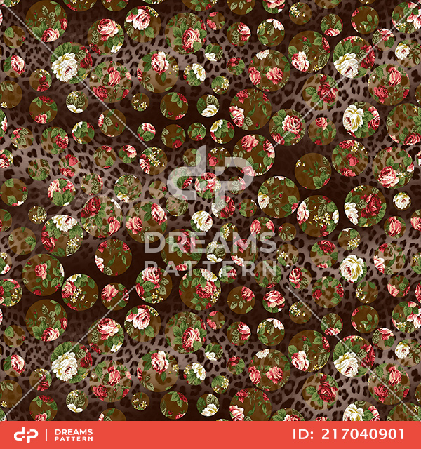 Seamless Floral Textile Design with Dots and Leopard Skin on Dark Brown Background.