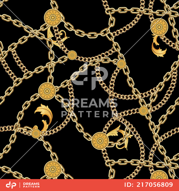 Seamless Pattern with Golden Chains on Black Background. Fabric Design with Chains.