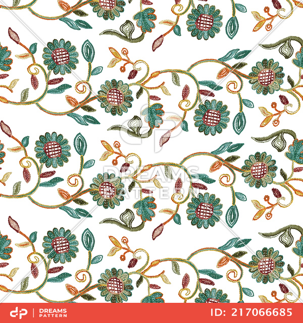 Seamless Embroidery Pattern of Flowers with Leaves Designed for Fabric Textile.