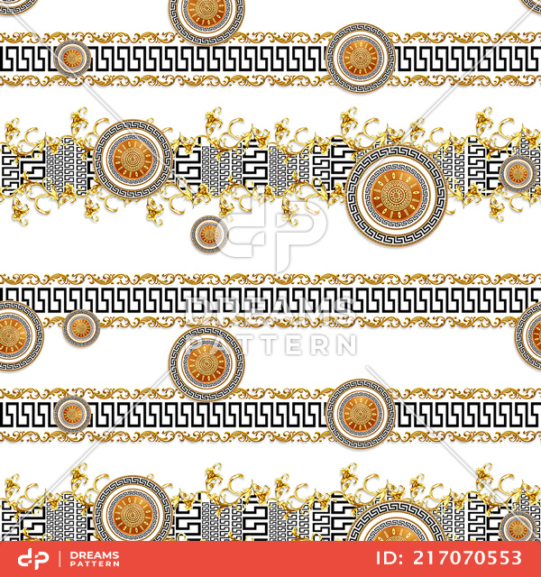 Seamless Pattern of Golden Baroque with Versace on White Background.