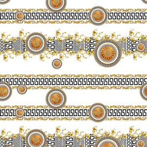 Seamless Pattern of Golden Baroque with Versace on White Background.