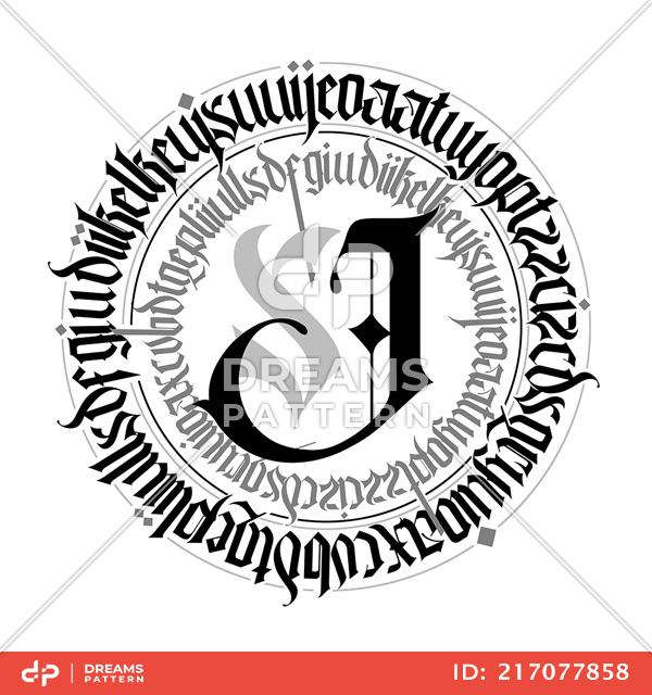 Gothic Abstract Black and White Rounded Calligraphy, Hand Drawn Illustration.