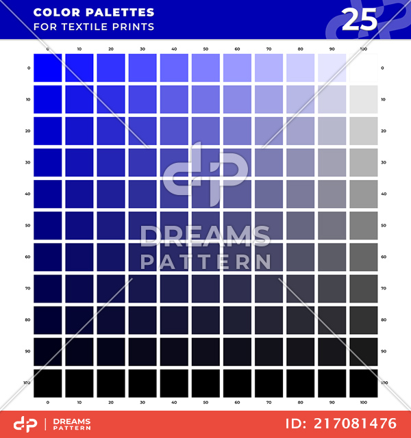 Set 25 Color Palettes for Textile Prints. Tints and Shades Chart, Colors Guide Swatches.