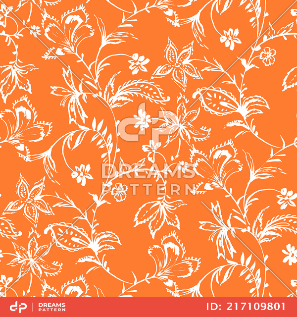 Seamless Hand Drawn Flowers with Leaves. Repeating Pattern on Orange Background.