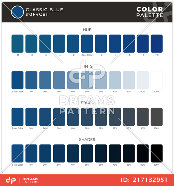 Classic Blue / Color Palette Ready for Textile. Hue, Tints, Tones and Shades Guide.