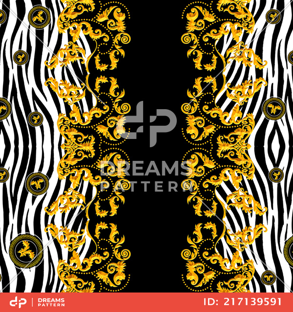 Seamless Golden Baroque Luxury Design with Zebra Skin, Ready for Textile Prints.