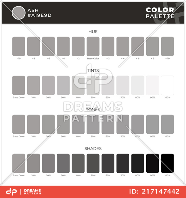 Ash / Color Palette Ready for Textile. Hue, Tints, Tones and Shades Guide.