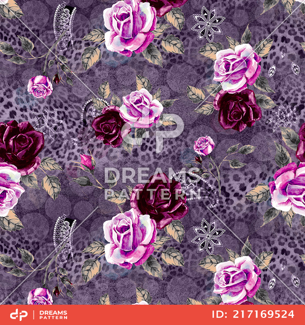 Fashion Seamless Leopard Print with Watercolor Roses on Plum Background.