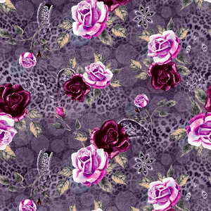 Fashion Seamless Leopard Print with Watercolor Roses on Plum Background.