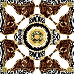 Golden Chains with Zebra Skin, Silk Scarf Jewelry Shawl Design Ready for Textile.
