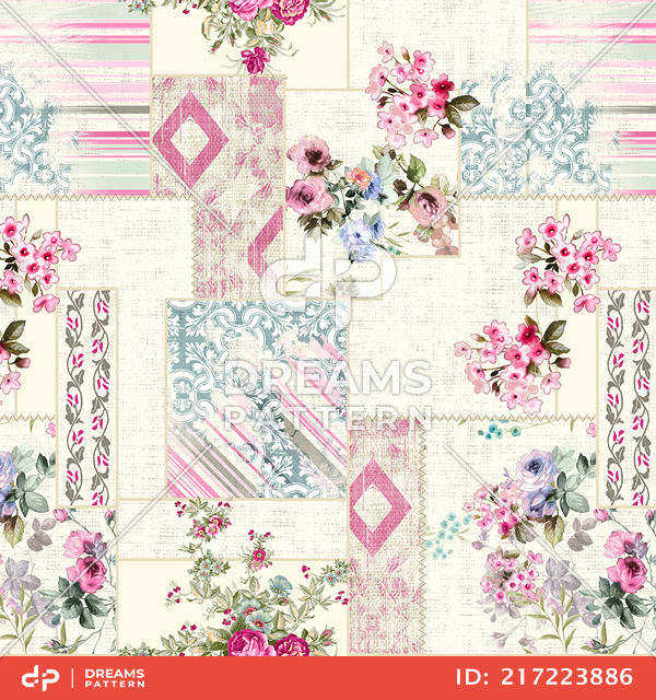 Seamless Patchwork Pattern with Flowers and Lines. Ethnic Indian Style.