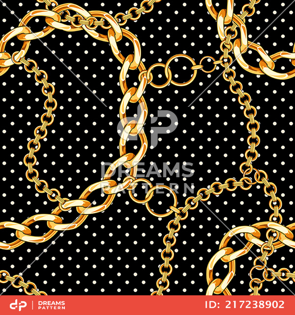 Precious Necklaces with Dots, Golden Chains on Black Background.