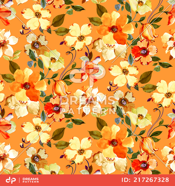 Seamless Hand Drawn Floral Design, Beautiful Flowers on Orange Background.