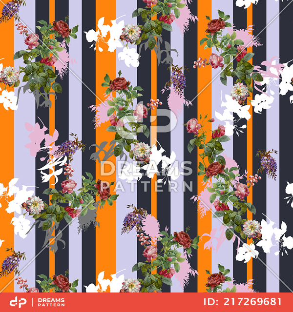 Seamless Little Floral Pattern with Striped Background, Ready for Textile Prints.