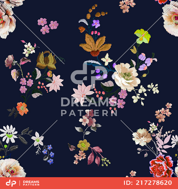 Seamless Embroidery Floral Design on Colored Background, Flowers Pattern Ready for Textile Prints.