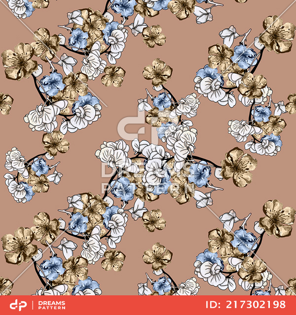 Seamless Hand Drawn Flowers Pattern, Repeated Illustration Ready for Textile Prints.