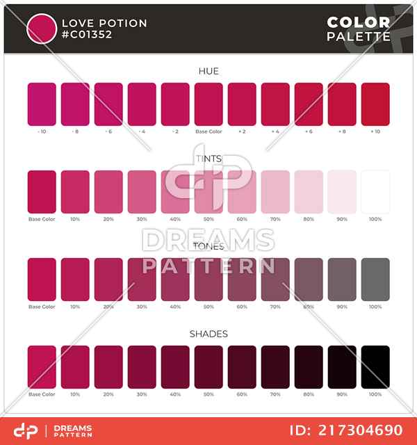 Love Potion / Color Palette Ready for Textile. Hue, Tints, Tones and Shades Guide.
