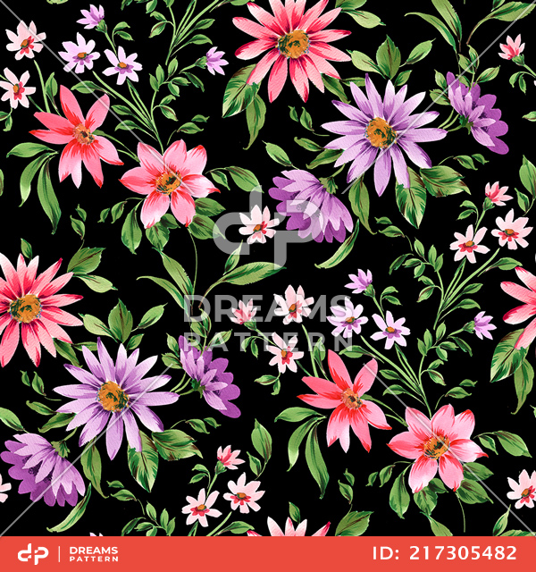 Seamless Watercolor Floral Design with Leaves on Black Background.