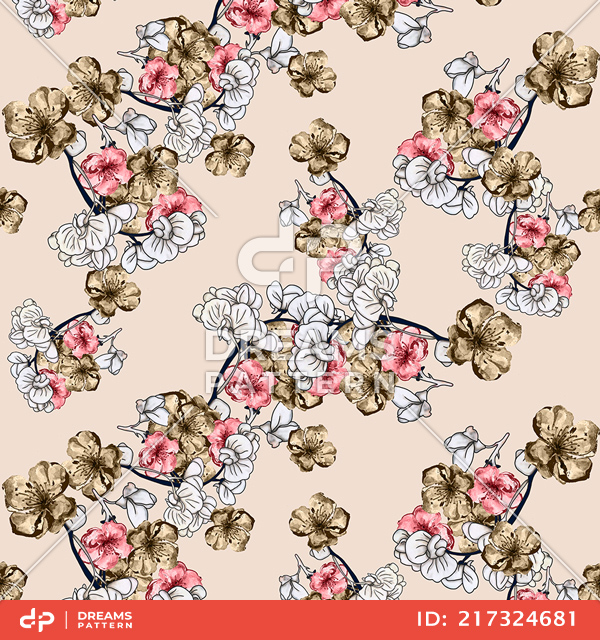 Seamless Hand Drawn Flowers Pattern, Repeated Illustration Ready for Textile Prints.