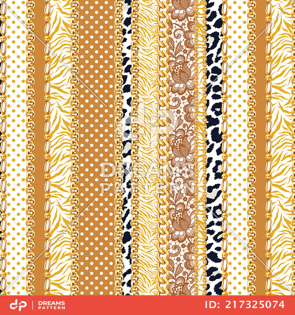 Seamless Mix Pattern of Vertical Golden Chains, Leopard, Zebra, Lace and Dots.