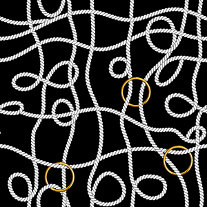 Seamless White Marine Ropes Pattern with Golden Rings on Black background.