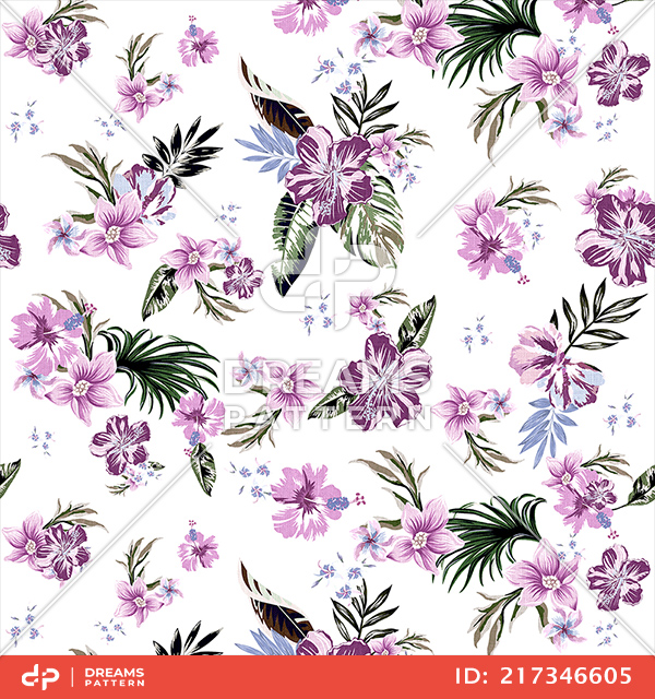 Seamless Colored Tropical Flowers; Hawaiian Floral Pattern, on White Background.
