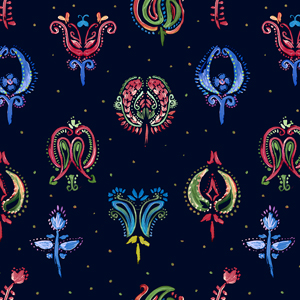 Seamless Ethnic Pattern, Decorative Abstract Design with Paisley on Darkblue Background.