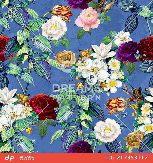 Seamless Elegance Pattern with Vintage Garden Flowers on Blue Background.