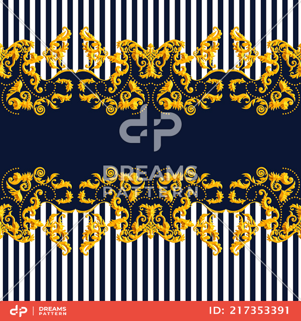 Seamless Golden Baroque Luxury Design with Stripes on Dark Blue Background.