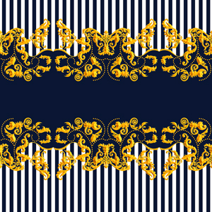 Seamless Golden Baroque Luxury Design with Stripes on Dark Blue Background.