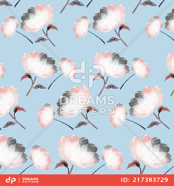 Seamless Bright Flowers Design. Ready for Fabric, Textile Prints on Blue Background.