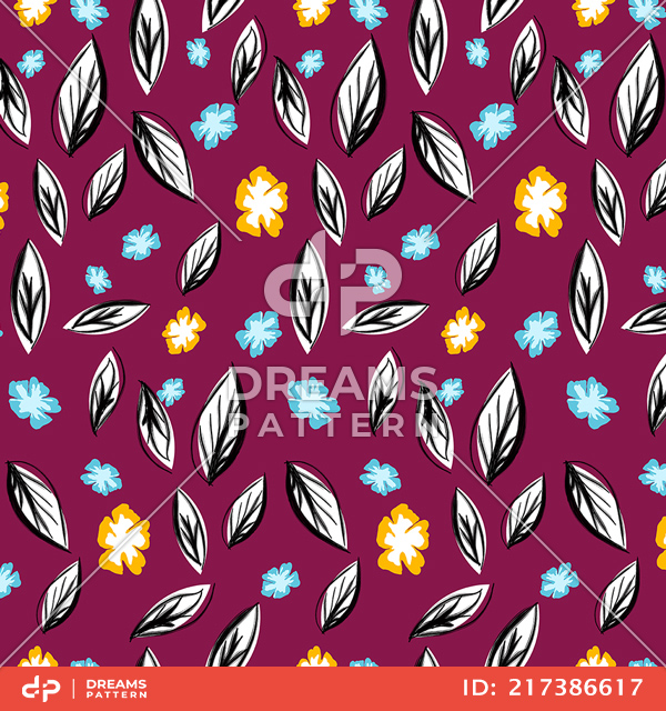 Seamlees Hand Drawn Flowers and Leaves, on Deep Pink Background, Ready for Textile Prints.