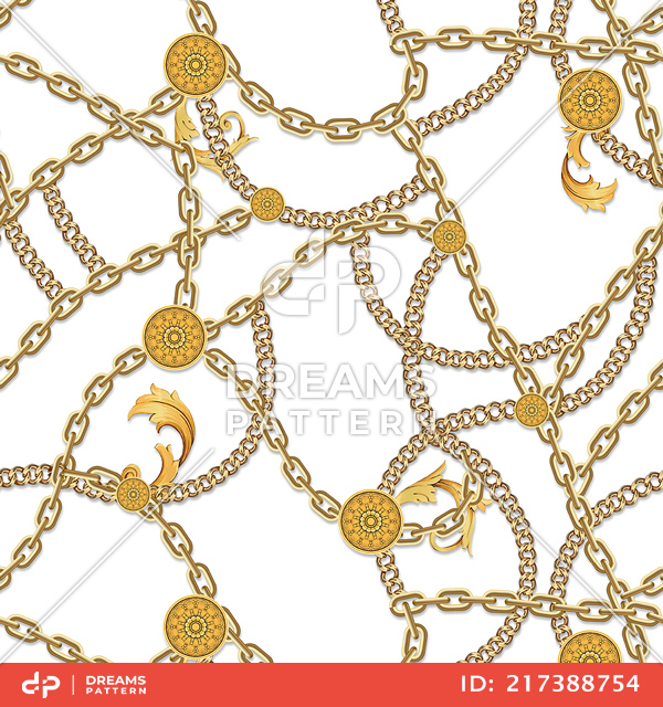 Seamless Pattern with Golden Chains on White Background. Fabric Design with Chains.